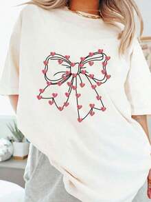 Women's Casual T-Shirt, Short Sleeve T-Shirt With Embroidered Bow Print For Women, Loose Casual Top, Feminine Style With Sweet And Feminine Elements. - 黑色 - 查看 5