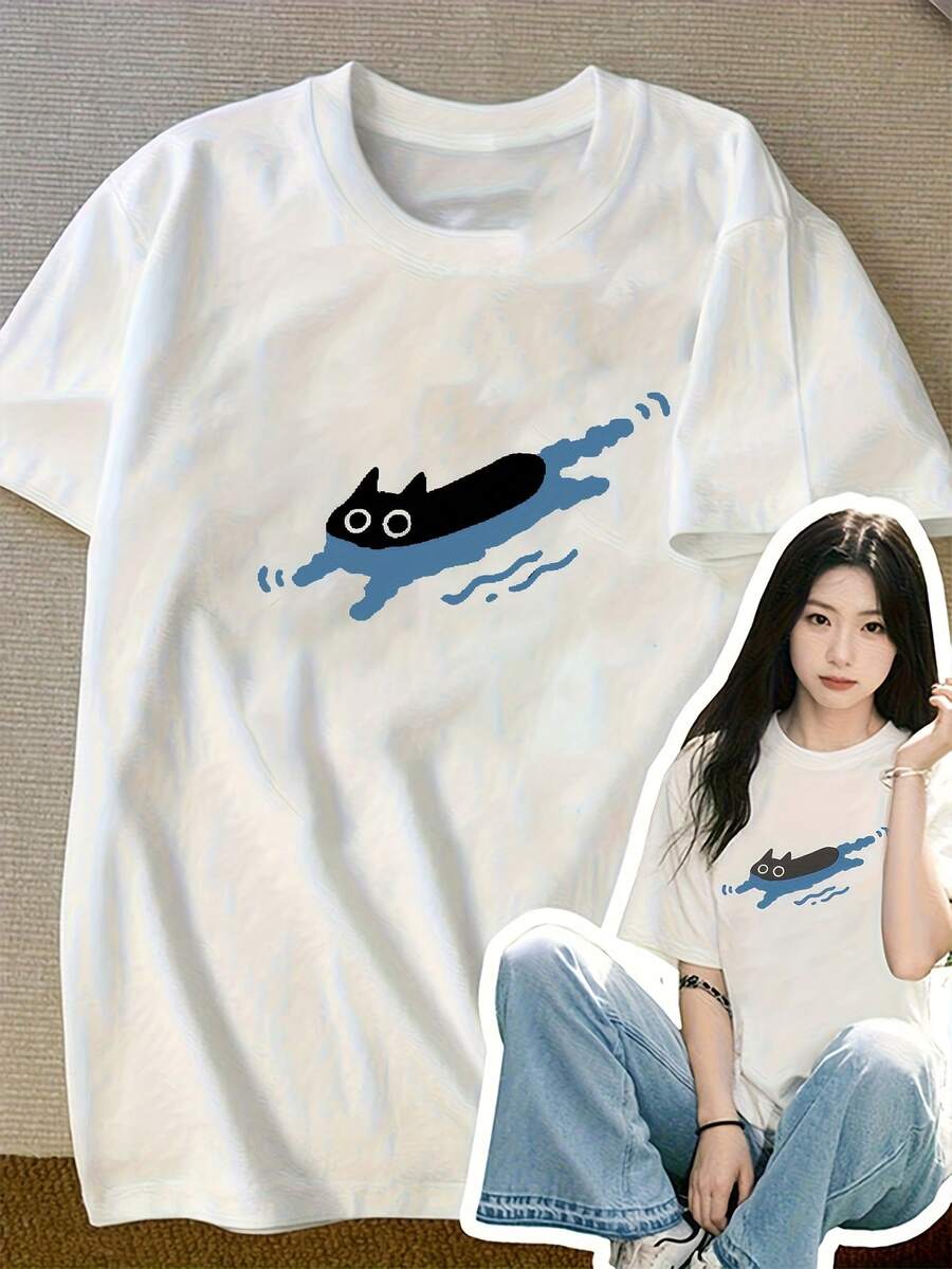 Women's 100% Cotton T-Shirts 2026A, Black Cat Swimmer Pattern, Versatile Short-Sleeved Top, Suitable For Summer, Unisex Korean Style T-Shirt - White - View 1