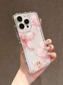 1pc Pink Lily Flower Pattern Full Coverage TPU Shockproof Phone Case Compatible With Apple 17, 16, 15, 14, 13, 12, 11 Pro Max And Series - Clear - View 3