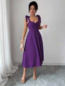 elegante y romántico para mujer con lazo decorativo en la cintura y corte evasé sin mangas - Morado Violeta - Ver 3