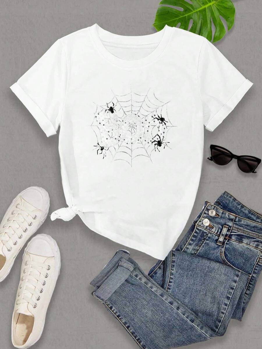 Camiseta de Mujer con Estampado de Telaraña, Manga Corta, Cuello Redondo, Estilo Casual, Ropa de Primavera/Verano para Mujer - Blanco - Ver 1
