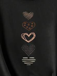 Camiseta Retro de Mujer con Estampado de Corazones Negros - Manga Corta, Cuello Redondo, Poliéster Transpirable, Lavable aáquina, Ropa Casual de Verano con Corazones Multicolor (Marrón/Beige/Rosa/Blanco), Cómoda para el Día a Día, Fácil Cuidado, Ajuste Relajado, Estilo Vintage, Material Duradero, Top Moderno - Negro - Ver 5