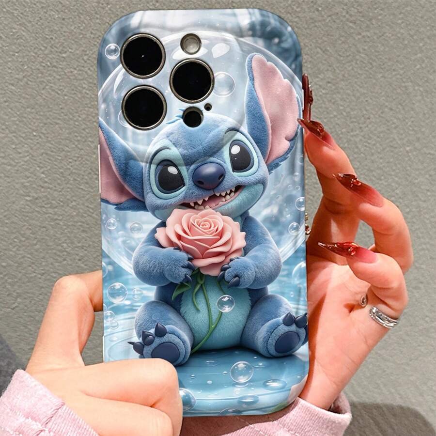 Disney Stitch Phone Case, Official Disney Lilo & Stitch Character Design, Romantic Stitch With Pink Rose In Bubble Protective Cover. Compatible With IPhone 17, 16, 15, 14, 13, 12, 11 Pro Series, Featuring Plush-Style Stitch Holding A Pink Rose Inside A Transparent Bubble Against A Dreamy Water Background, Perfect For Disney Fans And Stitch Lovers To Showcase Their Favorite Character, Ideal For Birthdays, Holidays, Anniversaries, Graduation Gifts, Or Any Special Occasion To Surprise Family, Friends, Classmates, And Loved Ones. - 白色 - 查看 1