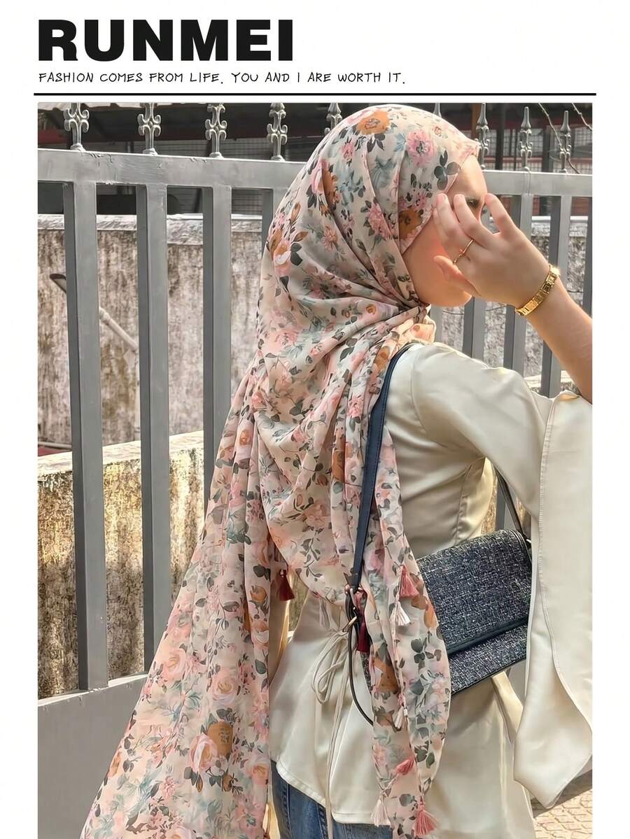 1件印花時尚優雅簡約清新女款頭巾，輕盈頭巾適合日常穿著與祈禱（搭配長袍）