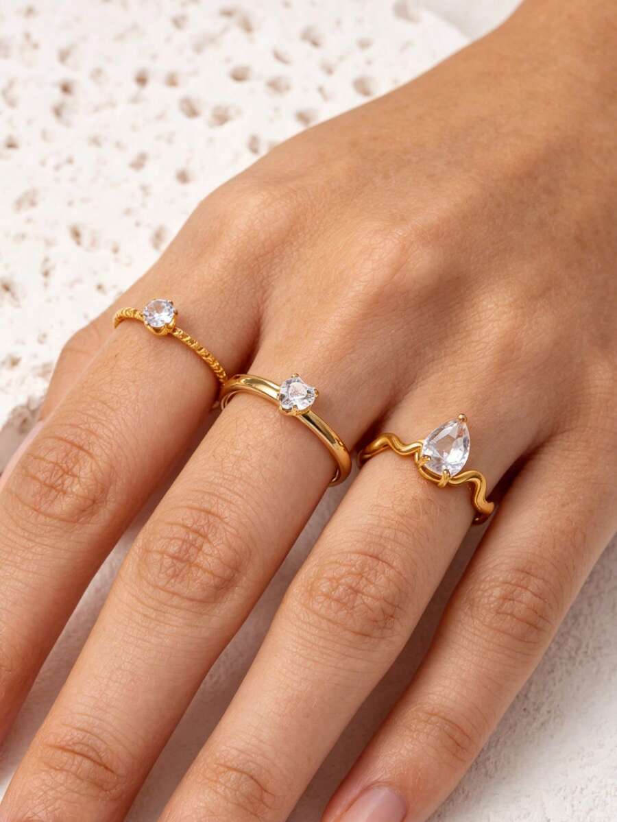 Juego de anillos apilables de acero inoxidable chapado en oro de 18K con incrustaciones de diamante de imitación, diseño minimalista de corazón y gota de agua, anillos de amistad versátiles para uso diario - Dorado - Ver 1