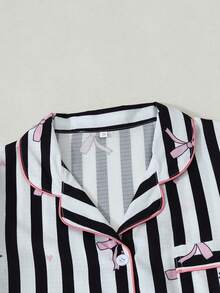 Set Piyama Wanita Lengan Pendek Bergaris Motif Pita Berkerut Model Gelembung - Hitam - View 2