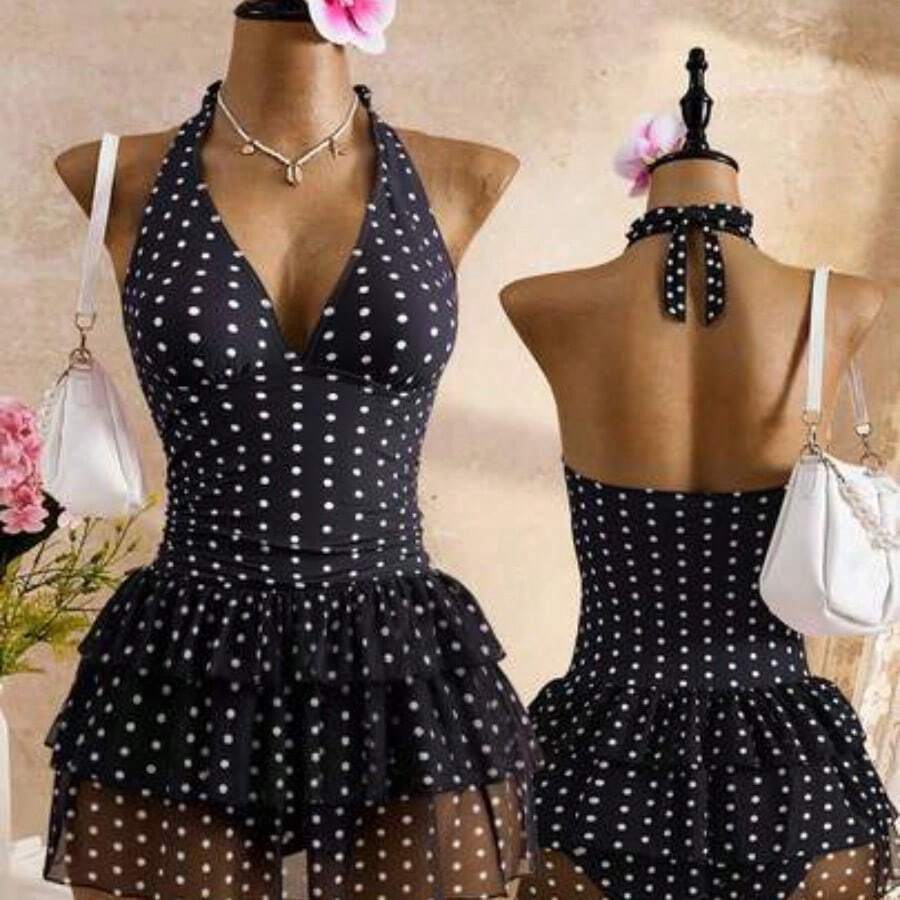 Stylish Halter Neck Polka Dot Swim Dress For Women Black And White Geometric Pattern Sleeveless Tiered Short - Blanco y Negro - Ver 1