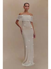 Nuevo vestido largo de borrador de pecho de vacaciones para mujeres mujeres mujeres delgadas, flores de caderas, hombro con hombro vestido largo - Blanco - Ver 4