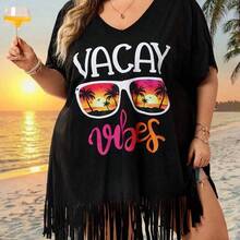 CURVE+ Curve Size US22Music Festival, Seaside Vacation, Bohemia Women's V-Neck Printed Loose Beach Cover-Up Top, Suitable For Summer Beach Vacation Plus Size Bathing Suits Women - Albaricoque - Ver 2