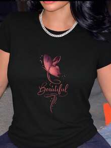 Short-Sleeved T-Shirt With A  Purple Butterfly Print, Stylish Crew Neck Design, And Modern Fonts-Perfect For Casual Outings. Pair It With Jeans And Accessories For A Relaxed And Stylish Look. IBPH - 黑色 - 查看 6