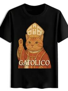 Camiseta Gráfica Divertida de Gato para Hombre - Gato con Sombrero Estilo Papa y Texto de Gato - Camiseta Casual de Verano de Manga Corta con Cuello Redondo - Tejido Ligero y Transpirable, Lavable a Máquina - Moderna y Versátil para Uso Casual, Camiseta para el Día a Día, Diseño Divertido - Negro - Ver 1