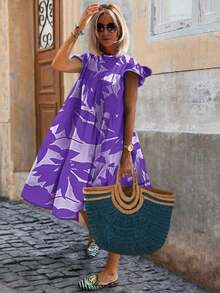 Casual Dress With Floral Print And Ruffled Hem For Spring/Summer Holidays - 湖藍色 - 查看 3