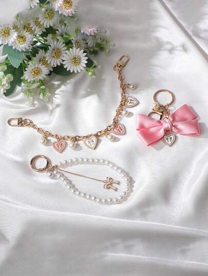 3pcs Heart-Shaped Pearl Wallet Chain - Sweet Creative Heart-Shaped Bag Chain, Gold Replacement Bag Accessory, Glass Flower, Pink Bow Pearl Keychain, Suitable For Women Crossbody Bags And Wallets