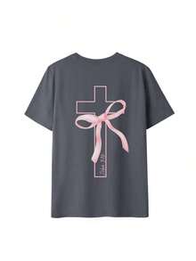 Women's Short-Sleeved T-Shirt, New Summer Style, Simple, Crossover Tie Print, Casual, Loose, Versatile, Round Neck, Dark Gray, Modern Top For Everyday Wear And Holidays. - 深灰色 - 查看 2