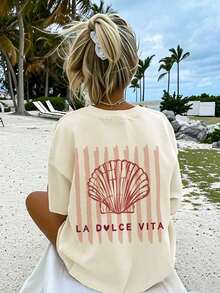 Camiseta de manga corta de cuello redondo casual con estampado de comida y sol, de moda minimalista de verano, versátil y elegante para mujer,Camisetas Gráficas de Verano para Mujer - Albaricoque - Ver 2