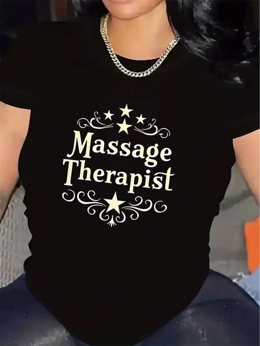OversizeCamiseta de manga corta para masajistas, de tela de poliéster resistente, cómoda y ligera, perfecta para trabajar o para uso casual en spas, salones o en casa, con un elegante diseño estampado de estrellas. - Negro - Ver 1