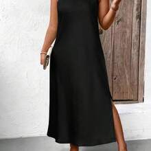 Flouryn Plus Size Casual Solid Color Sleeveless Side Slit Dress Maxi Satin Women Outfit - Caqui - Ver 2