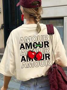 Camiseta de mujer vintage con estampado de cerezas rojas, tela transpirable y cómoda con estampado de eslogan positivo, ajuste holgado estilo universitario estadounidense retro, adecuada para uso diario, estilo callejero, día de autocuidado o regalo casual de Acción de Gracias en verano - Albaricoque 2 - Ver 6