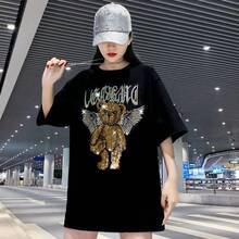 Camiseta de manga corta holgada de verano para mujer, 200g, de puro algodón, marca de moda personalizada con diseño de oso de pedrería resistente, talla grande. - Negro - Ver 4