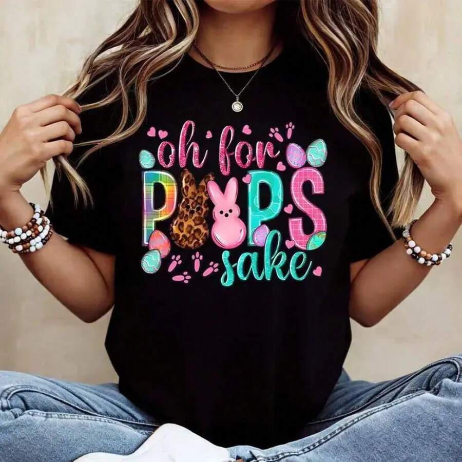 Oh My Goodness, Women's Easter Bunny Cotton T-Shirt, Casual Crew Neck, Short Sleeve, Regular Fit, Summer Top, Machine Washable, Made In USA, Graphic Tee For Easter Party And Fun Holiday Wear. HU5A - 黑色 - 查看 1