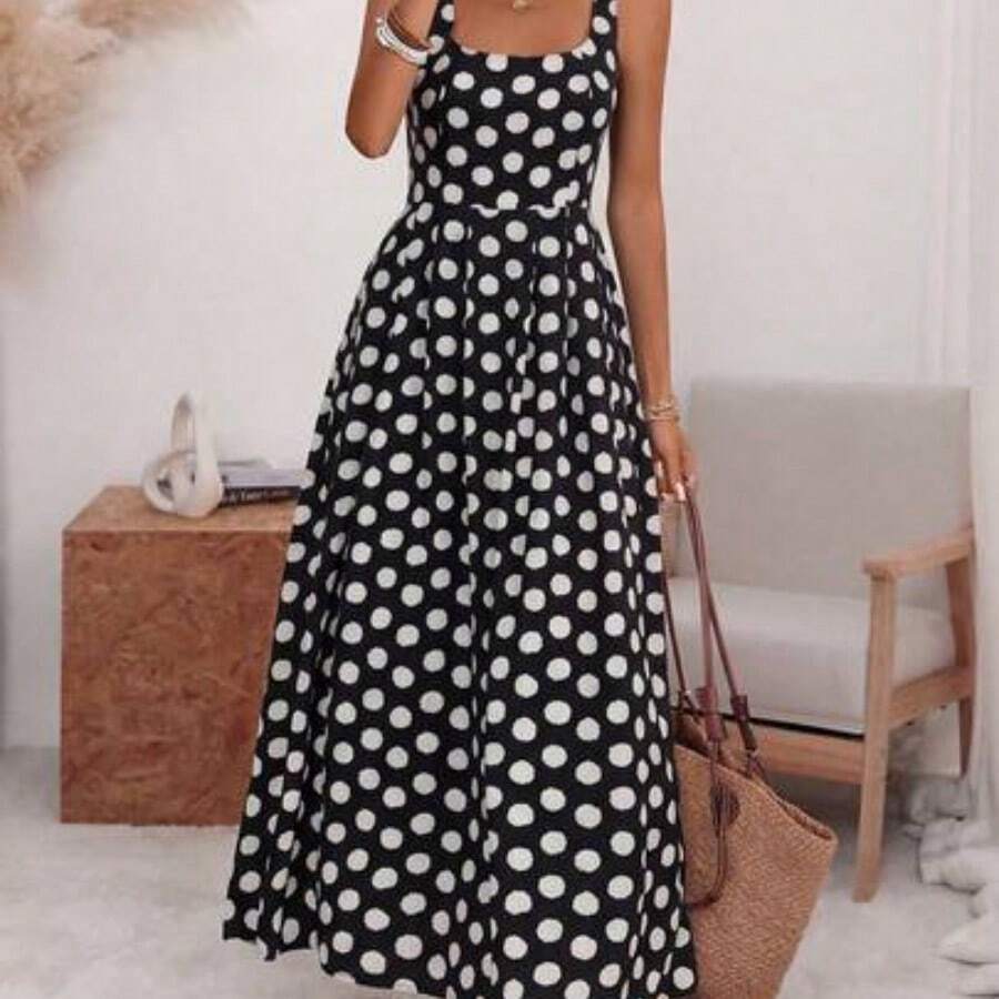 Women's U-Neck Wide Strap Cinched Waist Pleated Back Adjustable Elastic Flared A-Line Midi Dress, Romantic Big Polka Dot, Elegant French Retro Minimalist, Suitable For Office, Commute, Business, Casual, Beach, Spring/Summer - Negro - Ver 1