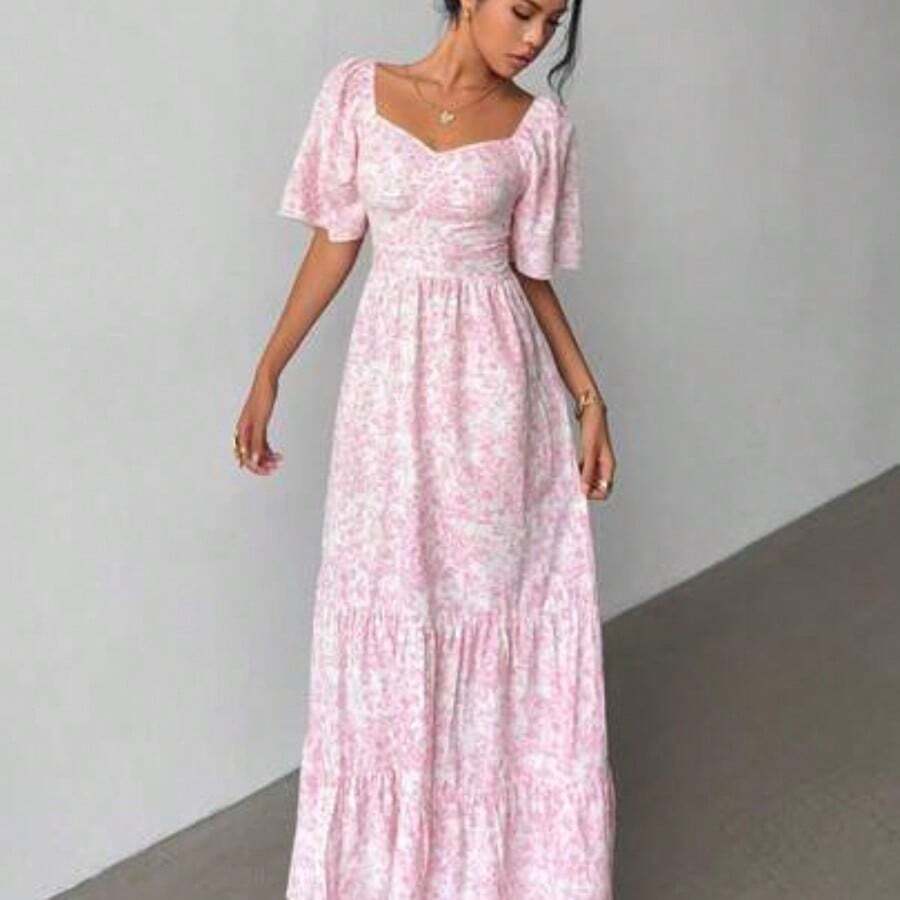 Summer Short Sleeve Vacation Beach Music Festival Pink Floral Dress - Rosa - Ver 1