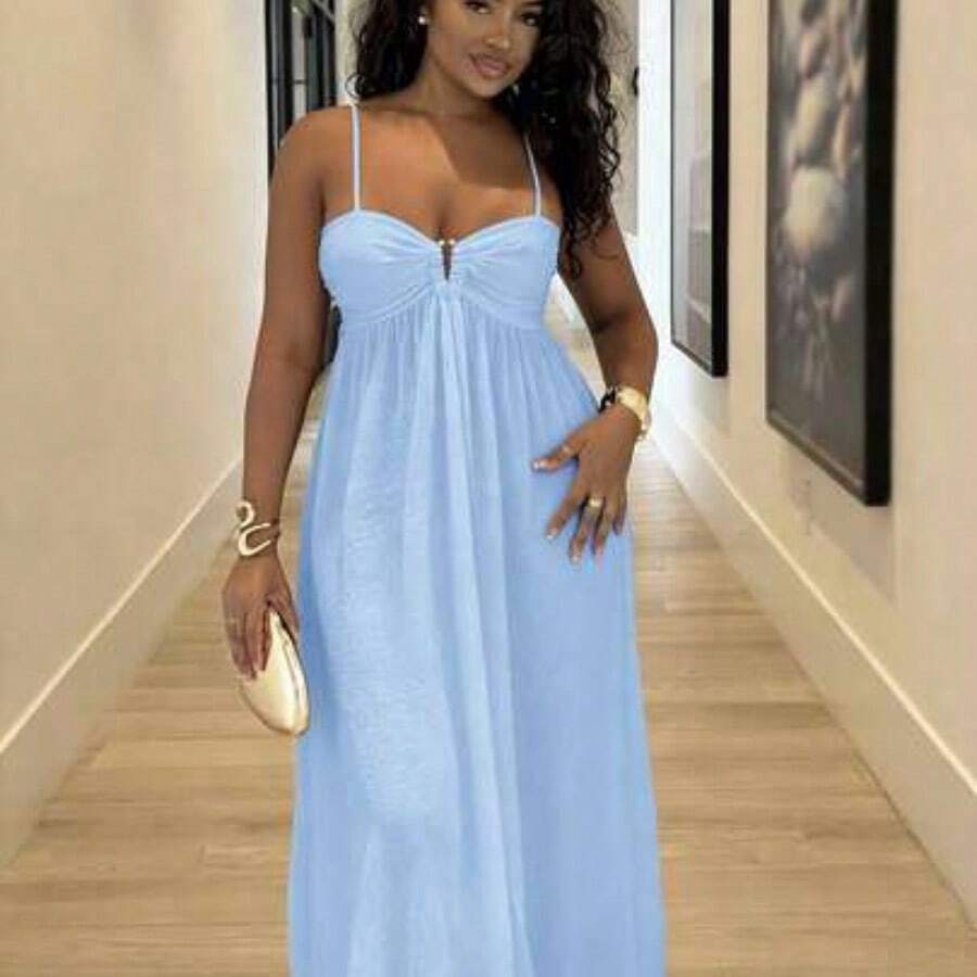 Women's Pleated Sleeveless Dress, Vacation Style,Spring&Summer,Summer Outfits For Women,Beach Outfits For Woman,Women,Spring Break,Concert Outfit Women,Boho,Rave Outfits,Tropical Vacation, Festival,Romantic Summer Dresses For Women Boho Dresses For Women Tropical Dresses For Women Women Dresses Vacation New Arrivals Women Dress - Azul - Ver 1