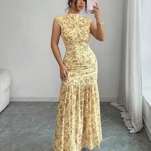 Elenzya Yellow Printed Ruched Waist Slit Elegant Dress For Women - Amarillo claro - Ver 7