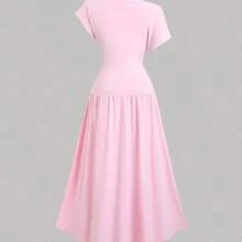 Sweetro Women's Summer Solid Color Asymmetric Collar Bat Sleeve Elegant Ruched Midi Dress - Rosa Pálido - Ver 3
