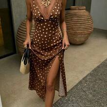 PariChic 2026 New Arrival Women's Polka Dot Satin Slip Dress With Lace Trim, V Neck Sleeveless Split Hem Maxi Dress, Elegant Spring Summer Vacation Date Night Long Dress For Women - Multicolor - Ver 5