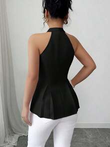 Camisa sin mangas con cuello en V, abotonada, con pliegues a la cintura y línea A, casual y elegante, adecuada para la oficina, vacaciones, primavera/verano - Negro - Ver 2
