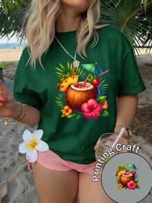 Camiseta de manga corta con cuello redondo para mujer, 100% lavable a máquina, fácil de cuidar, diseño casual con estampado de cóctel de coco de estilo tropical, colores brillantes llenos de energía veraniega, nueva colección de verano 2026 para viajes y uso diario - Camiseta unisex de algodón suelto de manga corta y cuello redondo estilo vintage urbano. - Negro - Ver 7