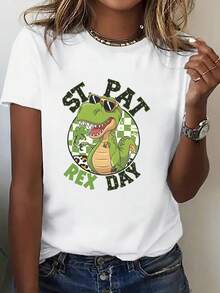 Women's Short-Sleeved Printed T-Shirt, Simple And Fashionable Round Neck T-Shirt With "ST PAT REX DAY" Dinosaur Print, Comfortable And Versatile. Basic Comfort T-Shirt For Spring/Summer, Short-Sleeved Printed T-Shirt For Outdoor Activities. - 白色 - 查看 1