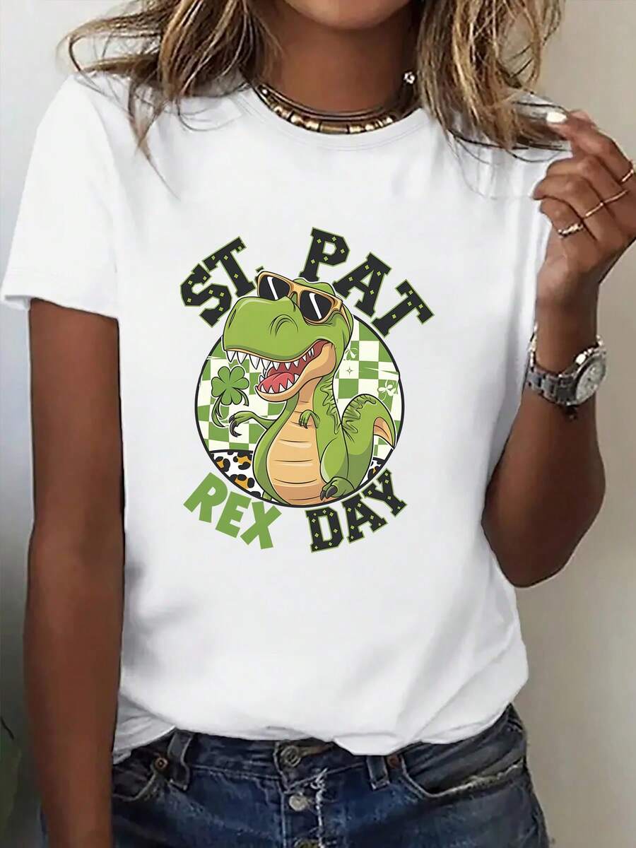 Women's Short-Sleeved Printed T-Shirt, Simple And Fashionable Round Neck T-Shirt With "ST PAT REX DAY" Dinosaur Print, Comfortable And Versatile. Basic Comfort T-Shirt For Spring/Summer, Short-Sleeved Printed T-Shirt For Outdoor Activities. - 白色 - 查看 1