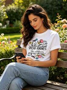 Camiseta para Mujer "La Amabilidad se Propaga Como Flores Silvestres" - Linda Camiseta Blanca de Manga Corta con Cuello Redondo, Mensaje Inspirador y Estampado, Suave, Transpirable, de Corte Relajado para Verano, Uso Diario, Vacaciones - Blanco - Ver 5