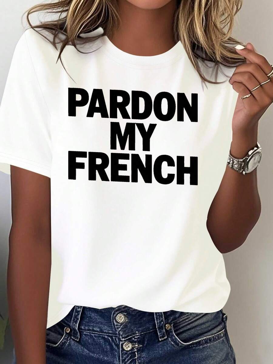 Camiseta de Mujer con Póster Francés Puro - Top Casual de Cuello Redondo Suave con Texto Francés - Adecu para Uso, Lavable a Máquina, Blusa Minimalista de Estilo Francés