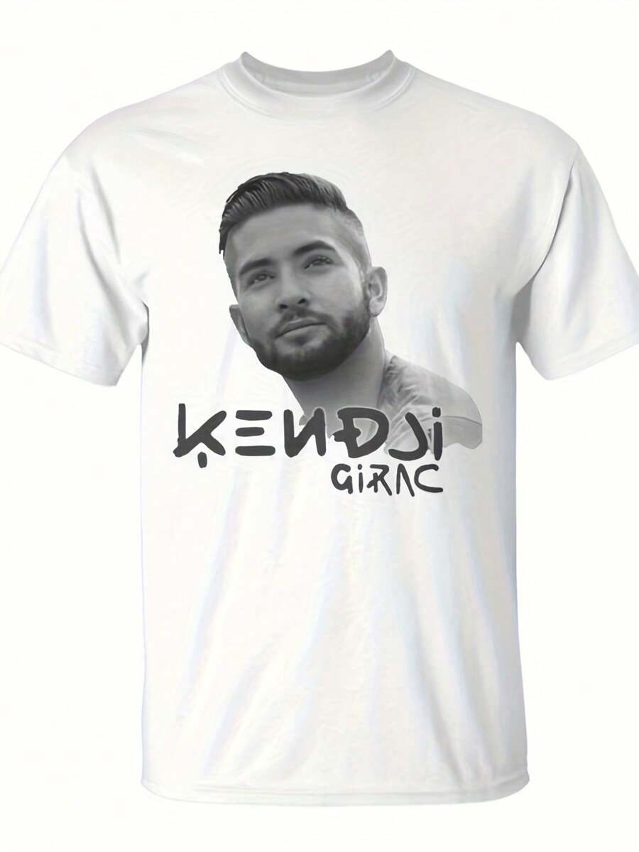 Men's Summer T-Shirt Sommer Kendji Girac Signature Portrait - White, Short Sleeve, Crew Neck, Cotton, With Geometric Print Of Musical Artist, Ultra Soft And Breathable Fabric For Casual Summer Wear, Everyday Comfort And Collectible Item For Fans. Loose And Comfortable For Summer. - White - View 1