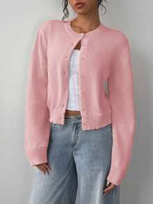 Cárdigan de mujer de manga larga, cuello redondo, suelto y corto, de unicolor, cómodo y acogedor, para el uso diario, en color amarillo mantequilla para otoño/invierno - Rosa - Ver 12