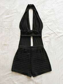 Conjunto de 2 piezas de top halter y shorts de moda para mujer de vacaciones - Negro - Ver 2