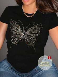 Camiseta de mujer moderna, informal, para fiestas y para estar en casa, 100% algodón, corte holgado.1pscSHEIN Women's Butterfly Printed Short Sleeve T-Shirt Graphic Tees Women Tops100%cotton - Negro - Ver 5
