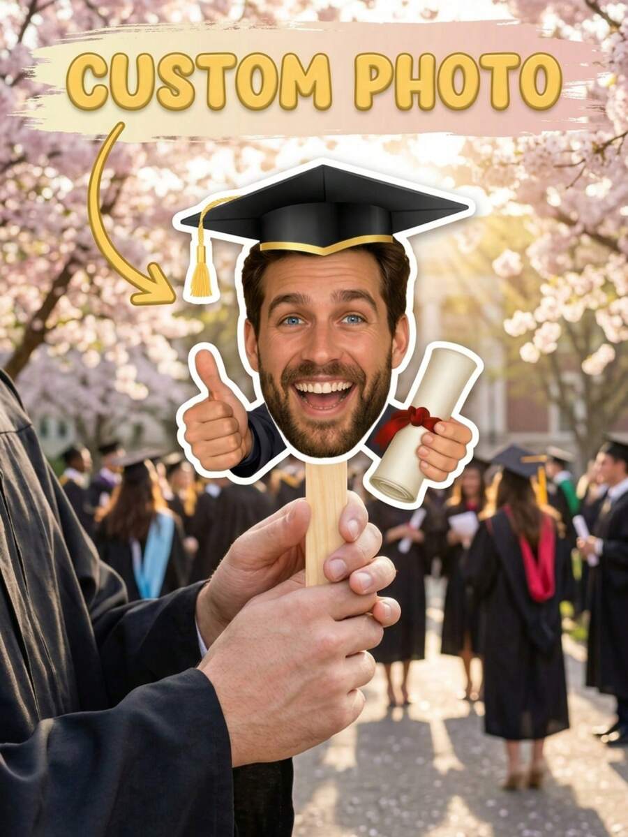 1个个性化毕业照扇，定制趣味毕业扇，带毕业帽和毕业证书，2026届毕业礼物，毕业派对拍照道具 - 黑色 - 查看 1