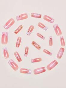 24 piezas Juego de uñas postizas elegantes francesas de flores 3D con ondas de acrílico, incluye 1 esmalte de gel y 1 lima de uñas, adecuado para mujeres y niñas, citas, fiestas, uso diario - Multicolor - Ver 3