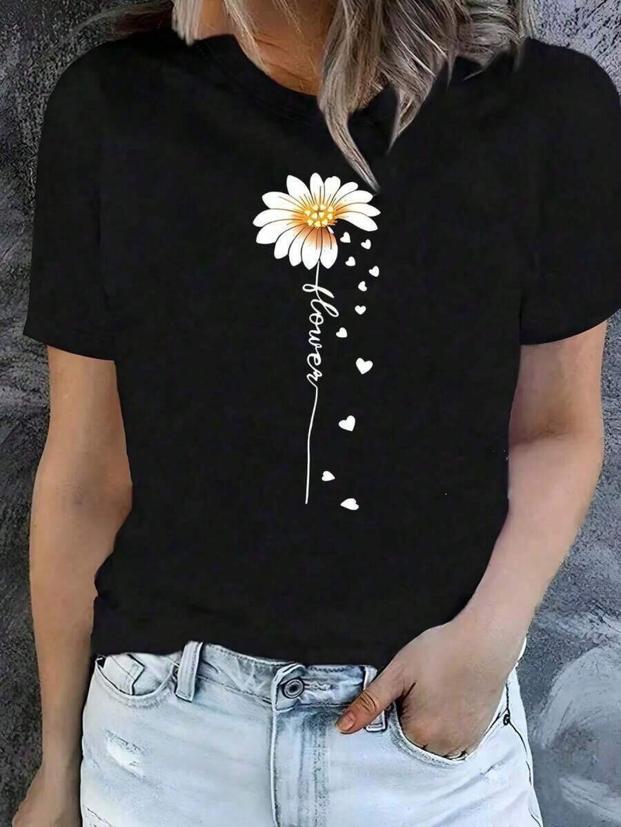 Playera Negra de Mujer con Diseño de Margarita y Corazones Volando, Camiseta Aesthetic Minimalista Manga Corta, Top Moderno de Flores con Frase Flower, Blusa Casual Romántica de Moda BWDO - Negro - Ver 1