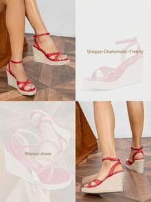 Women's Fashion Versatile Red Wedge Thick Bottom Sandals, Vacation Party Crossover Strap Decor Woven Bottom Bohemian Style Wedge Sandals - Red - View 10