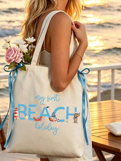 Bolso de hombro para mujer con temática de "Beach Holiday", bolso de playa reutilizable con lazo para ir de compras, viajar o llevar libros. Neceser de viaje, neceser portátil: un bonito regalo de verano para despedidas de soltero/a, baby showers y otros eventos nupciales con temática costera. Ideal como regalo de cumpleaños, recuerdo de viaje, regalo para fiestas o regalo para el Día del Maestro.