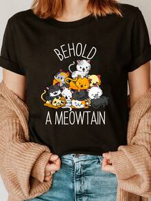 Regalos para Amantes de los Gatos Mira una Montaña de Maullidos Lindos Gatitos Gatos de Moda Camiseta con Estampado de Letras, Manga Corta Cuello Redondo Top Casual para Verano y Primavera, Ropa de Mujer - Negro - Ver 1
