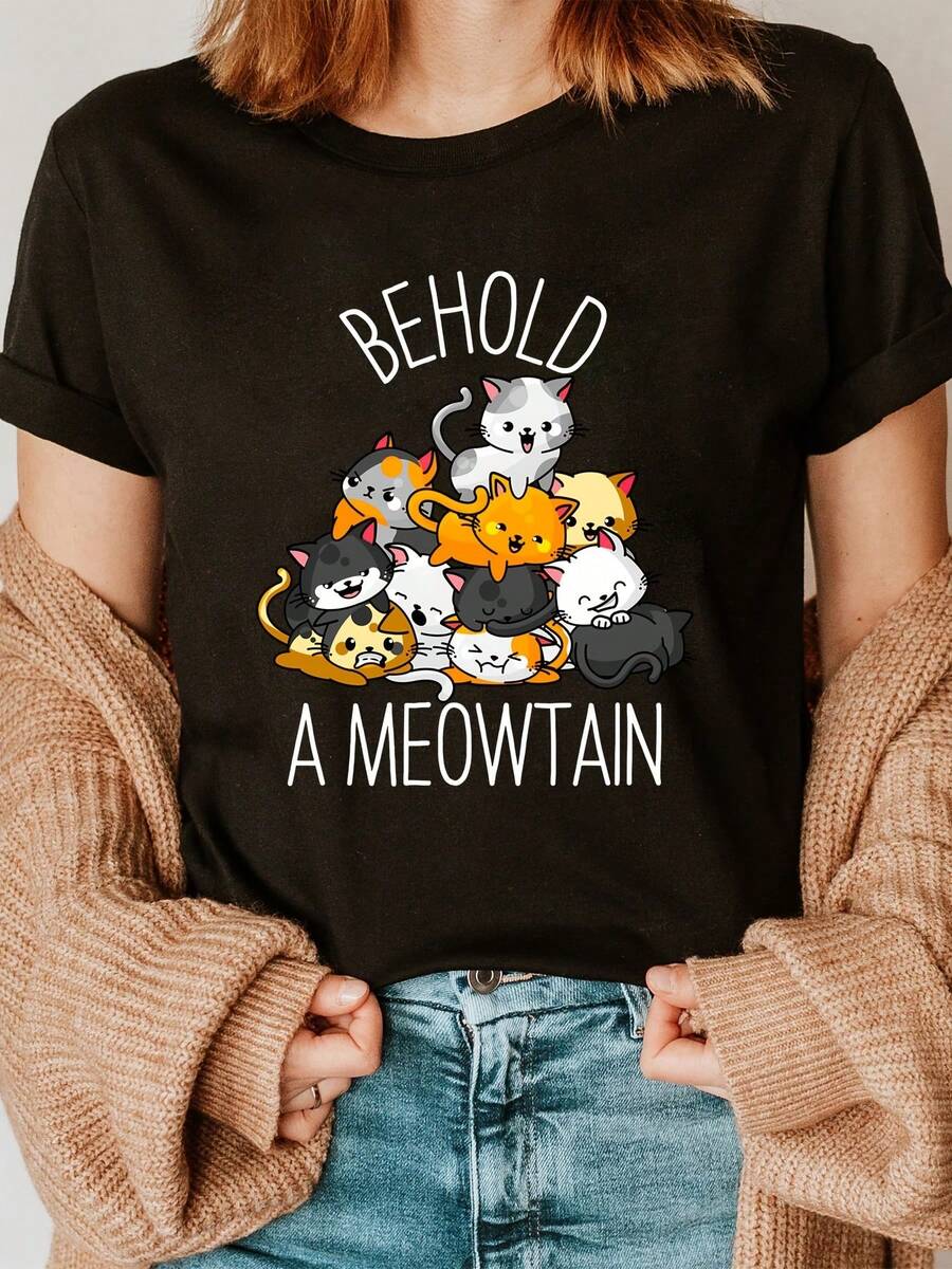 Regalos para Amantes de los Gatos Mira una Montaña de Maullidos Lindos Gatitos Gatos de Moda Camiseta con Estampado de Letras, Manga Corta Cuello Redondo Top Casual para Verano y Primavera, Ropa de Mujer - Negro - Ver 1