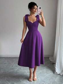 elegante y romántico para mujer con lazo decorativo en la cintura y corte evasé sin mangas - Morado Violeta - Ver 4