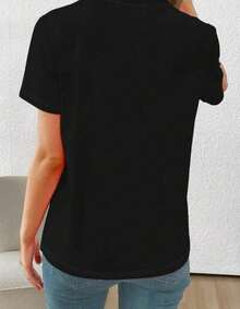 1 pcsCamiseta Casual de Mujer con Estampado de Mariposas - Mezcla de Poliéster y Spandex Suave, Cuello Redondo, Manga Corta, Lavable a Máquina180g 100% Cotton - Negro - Ver 4