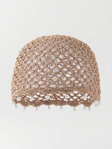 1pc Women's Fashion Lightweight Hollow Pearl Pendant Beaded Knit Hat, Suitable For Boho Beach Outings And Daily Wear - A - View 10